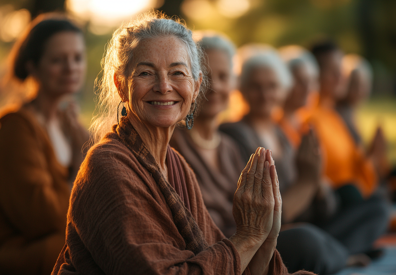 Група старших людей практикує йогу